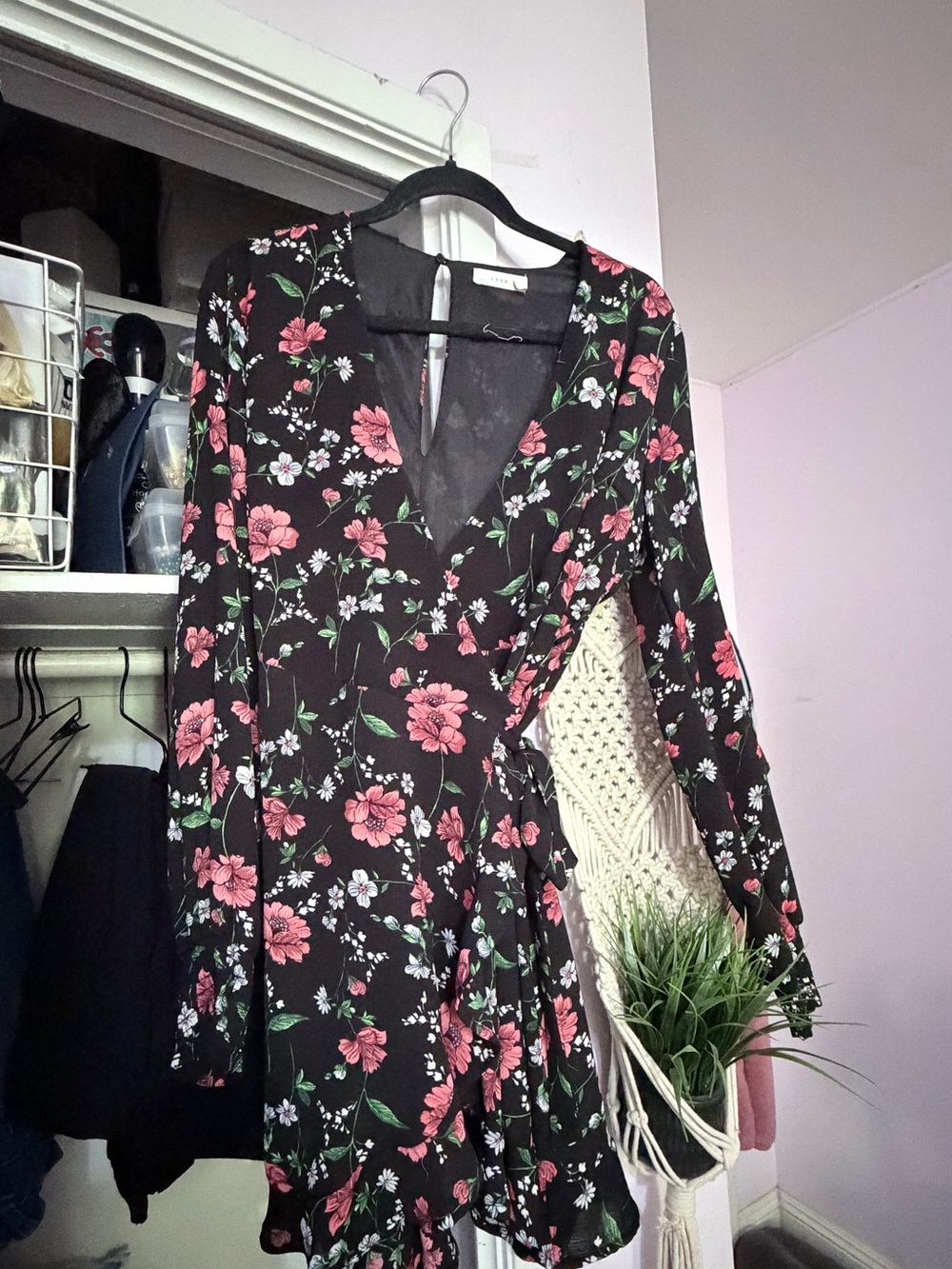 Lush Black Floral Wrap Dress with Pink Blossoms